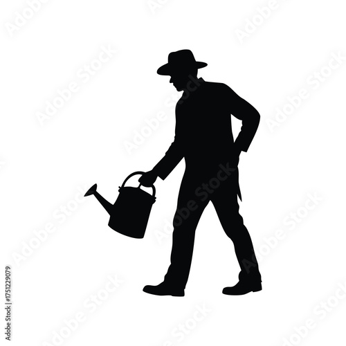 Silhouette of a gardener wearing a hat carrying a watering can, farmer with watering can silhouette vector illustration