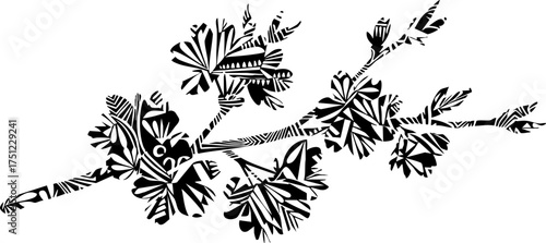 Intricate black and white floral branch design with striking geometric patterns and delicate bud details offers modern artistic appeal.