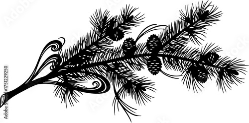 Elegant black pine branch with pinecones and delicate swirling accents evokes winter holidays and natural beauty for festive designs