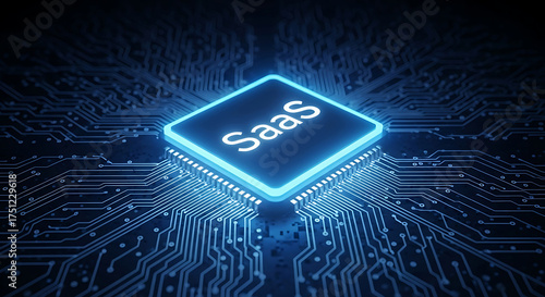 Glowing neon saas icon on futuristic circuit board background