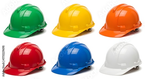 Set of Colorful Safety Helmets Construction Hard Hats in Green, Yellow, Orange, Red, Blue, and White for Industrial Safety and Engineering Work