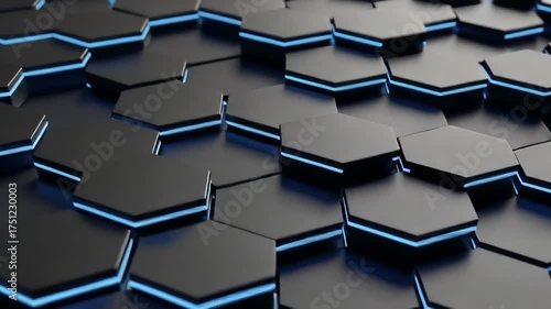 Abstract futuristic technology concept featuring a dark honeycomb surface of hexagons illuminated by a glowing blue neon grid