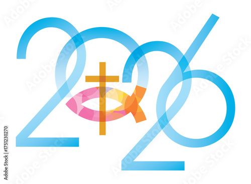 Jesus fish symbol inside a heart symbol, new year 2026. Christianity fish symbol with cross. Yellow inscription 2026.
 Isolated on white background. Vector available