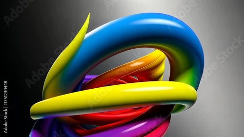 A dynamic and glossy three-dimensional abstract sculpture with swirling rainbow colors intertwined in a complex loop