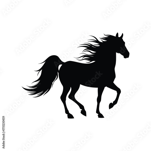 Black horse silhouette with flowing mane and tail in motion design, horse running silhouette vector illustration