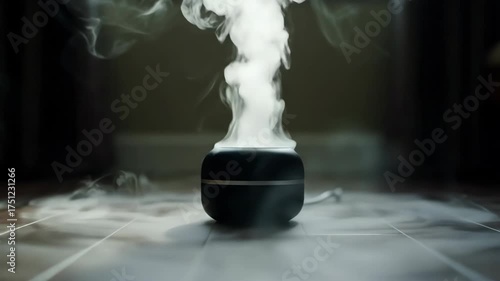Small humidifier with vapor mist sitting on wood floor indoors