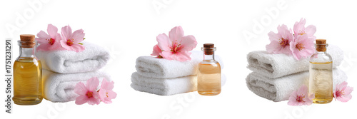 Set of A bottle of essential oil surrounded by delicate pink Kwanzan cherry blossoms on transparent png background. Ai generated