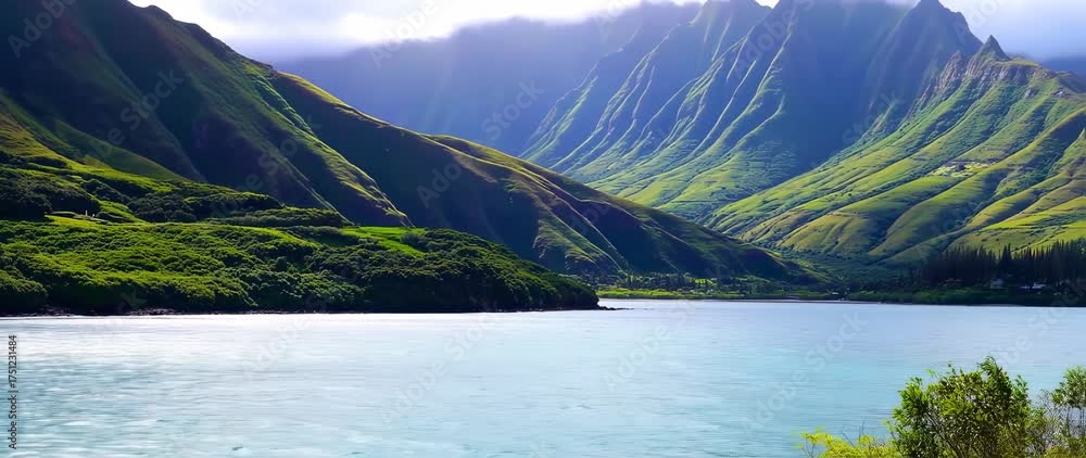 custom made wallpaper toronto digitalMajestic mountain scenery reflects in the tranquil water of a tropical paradise, lush greenery and