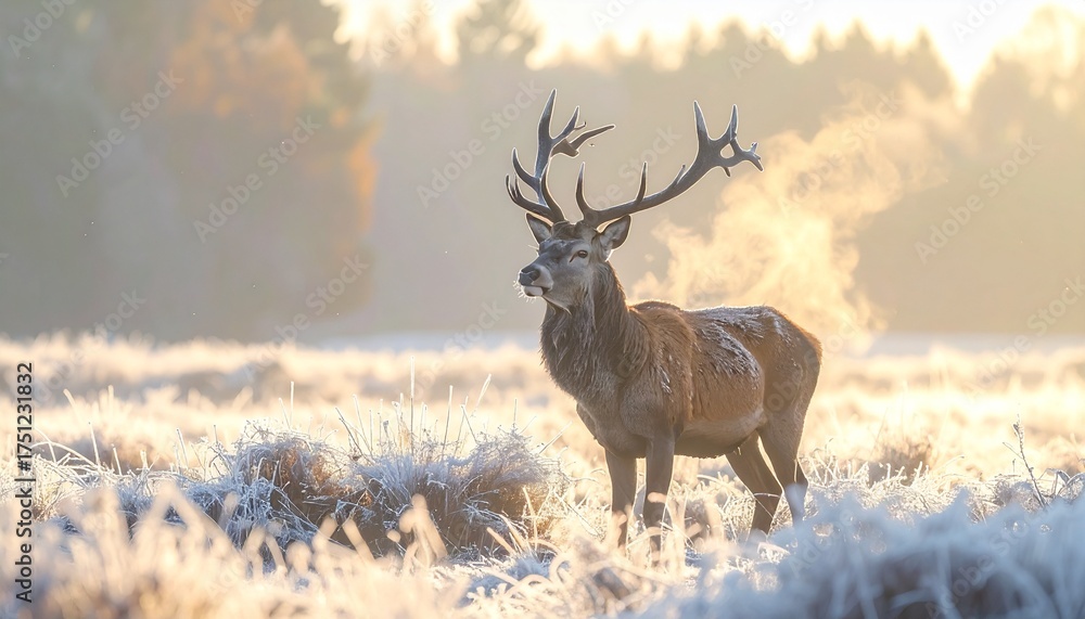 Obraz premium Majestic stag with impressive antlers stands proudly in a frosty meadow during a golden sunrise, evoking wonder and natural beauty