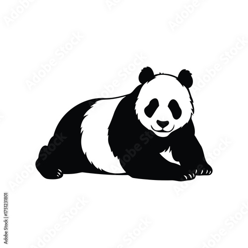 Black and white graphic depiction of a reclining giant panda animal, panda lying down silhouette vector illustration