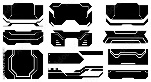 A collection of isolated black futuristic panels and abstract sci-fi shapes. Vector elements perfect for creating cyberpunk HUDs and techwear graphics.