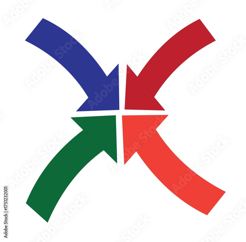A vector graphic of four curved arrows in different colors red blue and green converging at a central point for business synergy and focus