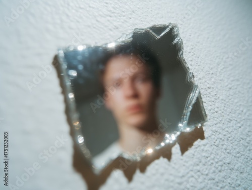Reflection in a Distorted Mirror with Blurred Face and Soft Light