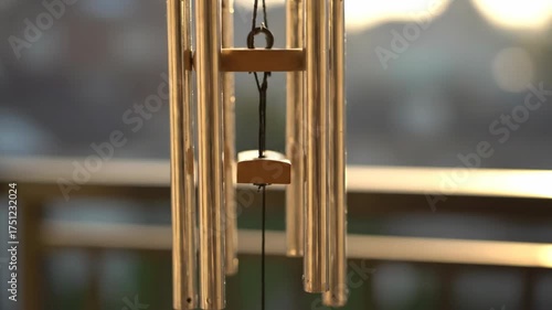Close-up view of a metal wind chime, outdoor setting, soft lighting