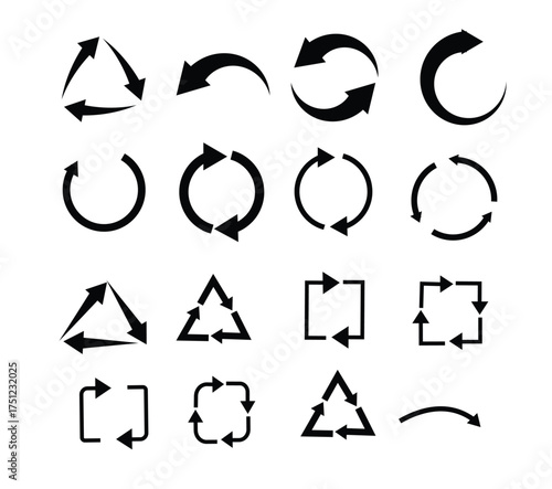 A massive vector set of black loop recycle and continuous cycle arrows in circular square and triangular shapes for ui and process diagrams