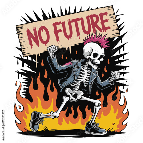 Punk Skeleton Art: No Future Mohawk Rebel in Flames Illustration