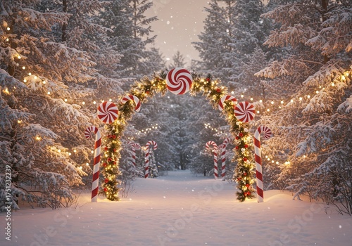 Christmas candy cane archway decorated with evergreen garland red peppermint ornaments and warm lights in snowy winter forest pathway for holiday greeting card background concept