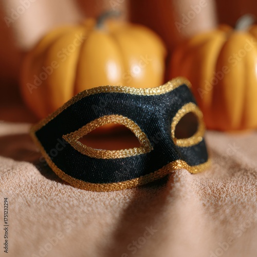 Decorative Black Mask with Gold Trim and Orange Pumpkins Background