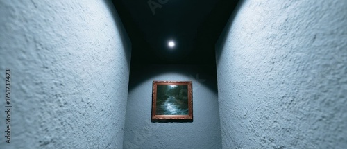 Dimly Lit Hallway with Framed Artwork on the Wall