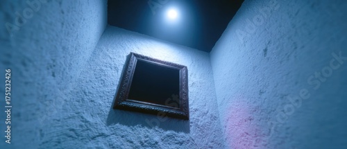 An Empty Frame on a Wall in a Dimly Lit Room with Blue Lighting