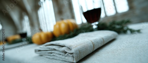 Cozy Autumn Table Setting with Pumpkins and Napkin in Focus