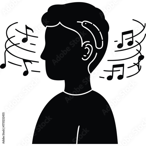 A silhouette of a person with a hearing aid surrounded by musical notes indicating sound or hearing ability