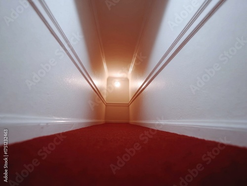 Long Perspective View of a Carpeted Hallway with Bright Light