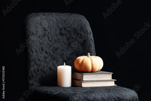 Cozy Autumn Still Life with Candle, Pumpkin and Books on Chair