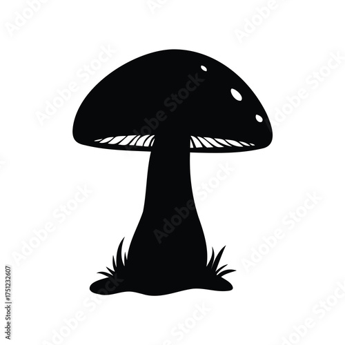 Bold mushroom silhouette standing tall among blades of grass in white background, poisonous mushroom silhouette vector illustration