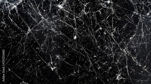 White spiderwebs and debris scattered across a dark, textured surface.