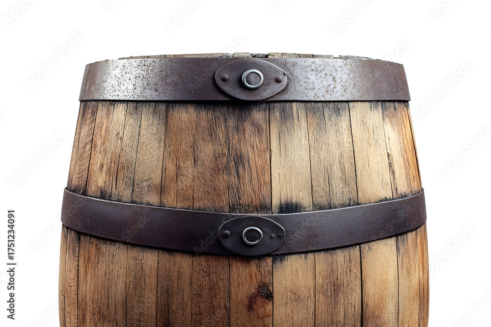 Fototapeta premium Classic oak wine barrel with iron bands on clean white background