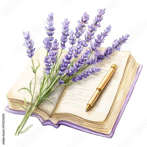 Watercolor Lavender Flowers on an Open Book
