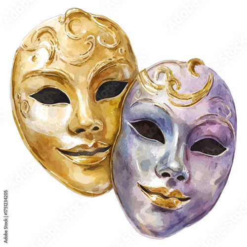 Watercolor Venetian Masquerade Masks with Gold and Purple Tones
