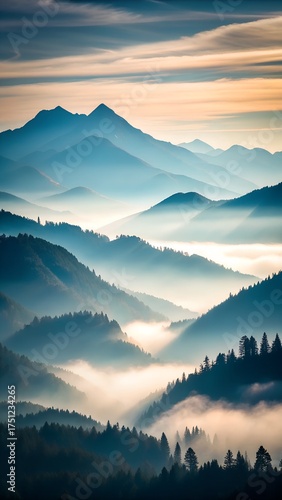 Misty mountain range at sunrise with layers of fog and clouds creating a serene and breathtaking natural landscape