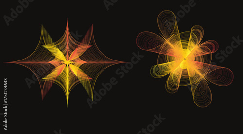 Two abstract glowing starbursts with vibrant yellow and orange light trails against a dark background