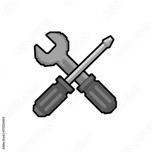 A pixel art illustration of a cross-tool icon, consisting of a gray wrench and a screwdriver with a handle and a shaft. The icon has an 8-bit or 16-bit gaming style and is on a white background.