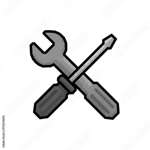 A pixel art illustration of a cross-tool icon, consisting of a gray wrench and a screwdriver with a handle and a shaft. The icon has an 8-bit or 16-bit gaming style and is on a white background.