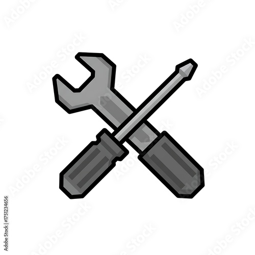A pixel art illustration of a cross-tool icon, consisting of a gray wrench and a screwdriver with a handle and a shaft. The icon has an 8-bit or 16-bit gaming style and is on a white background.
