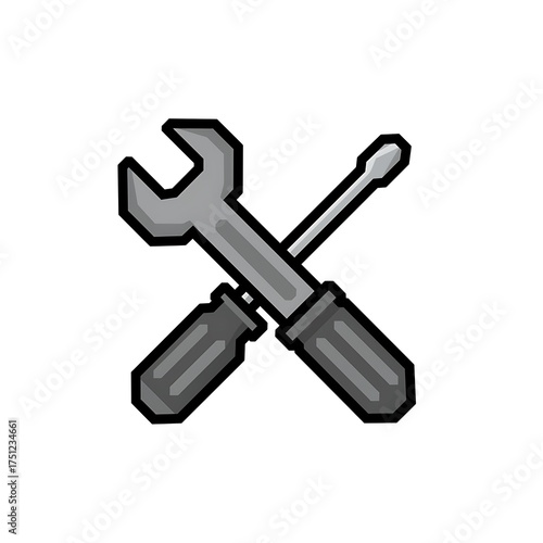 A pixel art illustration of a cross-tool icon, consisting of a gray wrench and a screwdriver with a handle and a shaft. The icon has an 8-bit or 16-bit gaming style and is on a white background.