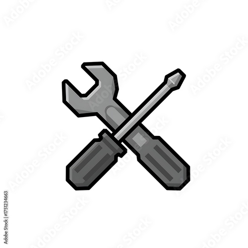 A pixel art illustration of a cross-tool icon, consisting of a gray wrench and a screwdriver with a handle and a shaft. The icon has an 8-bit or 16-bit gaming style and is on a white background.