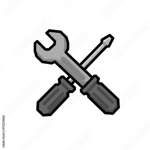 A pixel art illustration of a cross-tool icon, consisting of a gray wrench and a screwdriver with a handle and a shaft. The icon has an 8-bit or 16-bit gaming style and is on a white background.