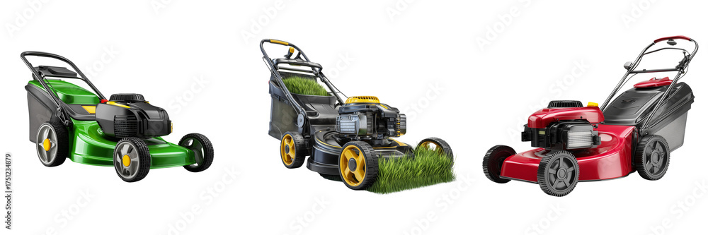 Obraz premium Set of Freshly cut green grass with a lawn mower on transparent png background. Ai generated