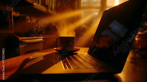 Morning Brew and Bright Ideas: A warm cup of coffee steams gently beside a laptop computer, basking in the golden light of a new day, ready for brainstorming.