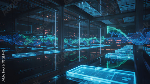 Futuristic server rack system processing big data