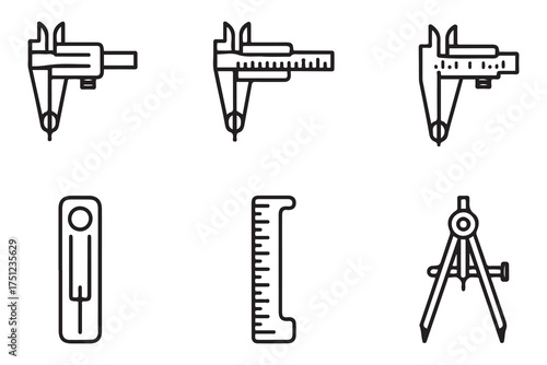 Caliper Hand caliper Sliding caliper Vernier caliper Gage Slide gage Trammel icon. one line Icon drawing with white background