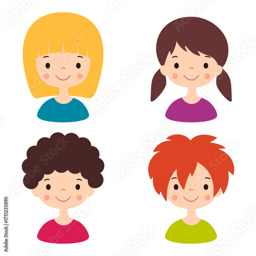 Children faces vector set. Cute kids cheerful avatars isolated on white background