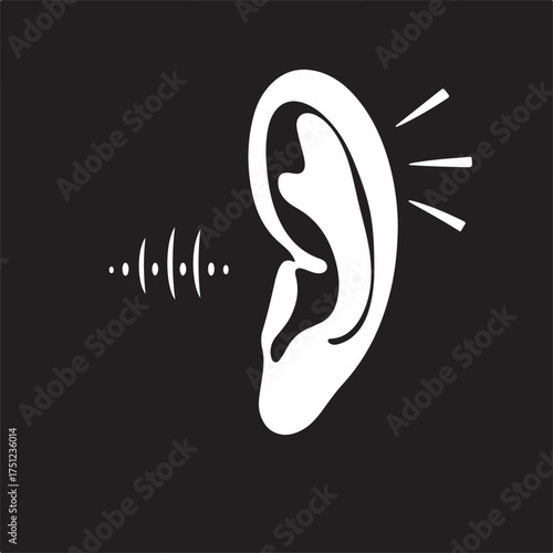 A black and white vector illustration of an ear silhouette emitting stylized sound waves, sharp vector art, clean and modern, professional grade imagery for commercial purposes, elegant.