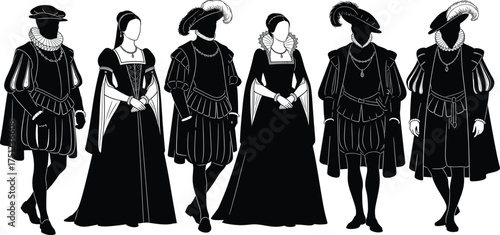 Renaissance clothing silhouettes, historical fashion, vintage attire, noble garments, puffed sleeves, feathered hats, cultural heritage, theatrical costume, classic style, period dress