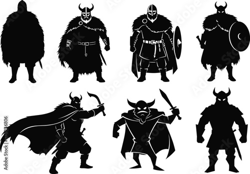 Viking warrior silhouettes, medieval fighters, Norse mythology, battle poses, horned helmets, ancient armor, sword and shield, historical illustration, Nordic culture, epic stance