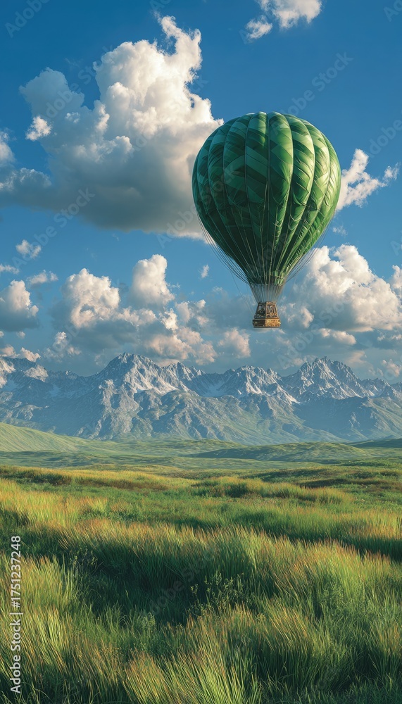 Fototapeta premium Green hot air balloon soaring over fields and mountains under sunny skies